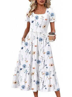 Zeagoo Women's White Floral Flowy Casual Short Sleeve Tiered Midi Maxi Dress
